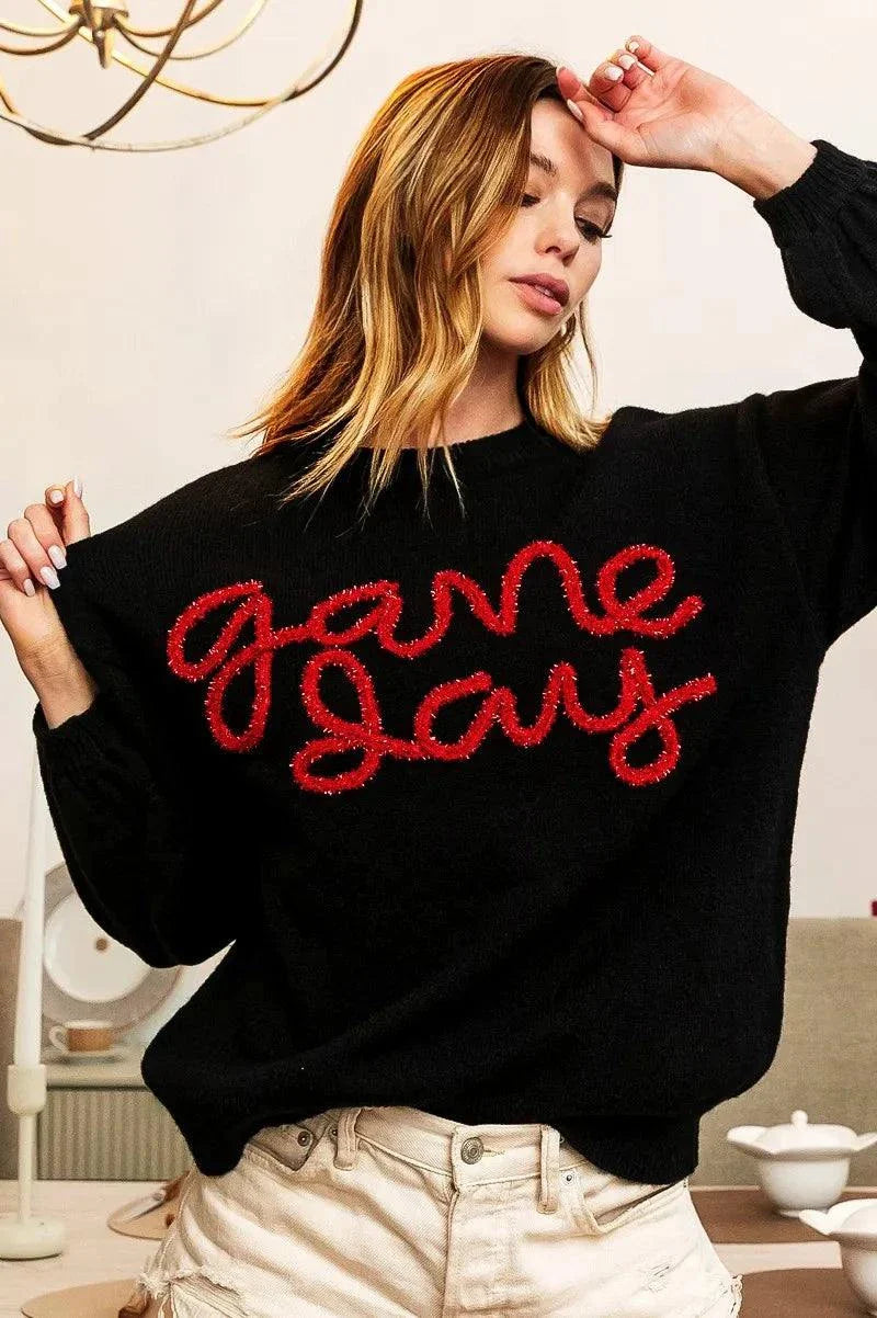 BiBi Game Day Metallic Letter SweaterShow your team spirit in style with this Game Day Metallic Letter Sweater. The metallic letter design adds a touch of glamour and sparkle to this sweater, perfect foRedemption By Ashley NorthGame Day Metallic Letter Sweater