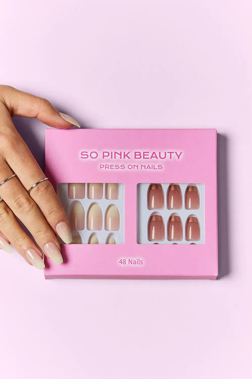 So Pink Beauty Press On Nails 2 packs with 48-piece set and dual color designs in pink packaging