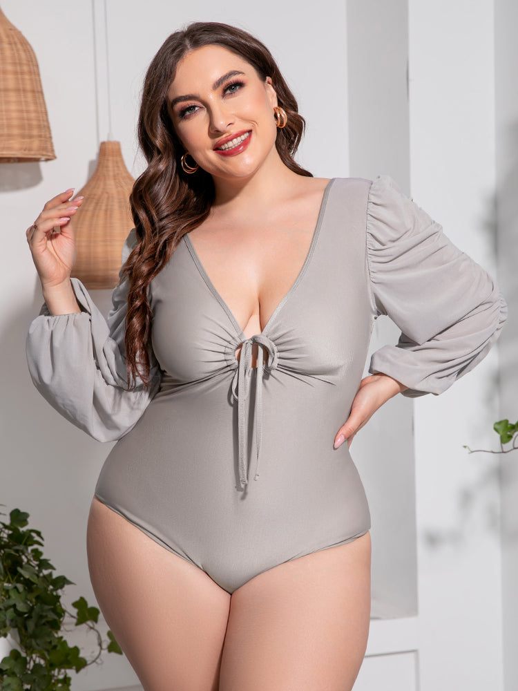 Plus Size One Piece Swimsuit with Tied Deep V and Balloon Sleeves - Redemption By Ashley North
