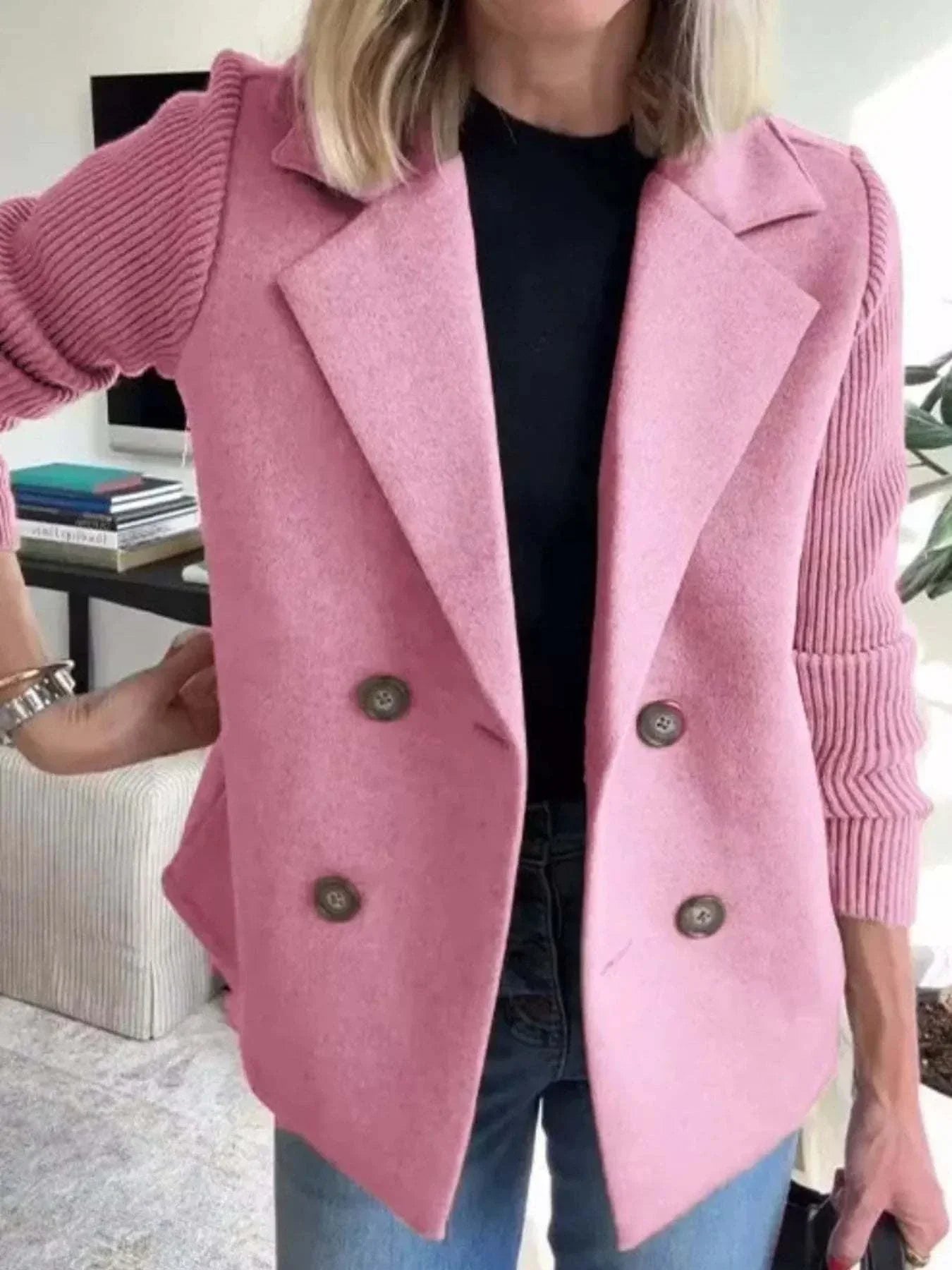 plus size pink full size knit sleeve double-breasted outerwear with ribbed buttoned sleeves