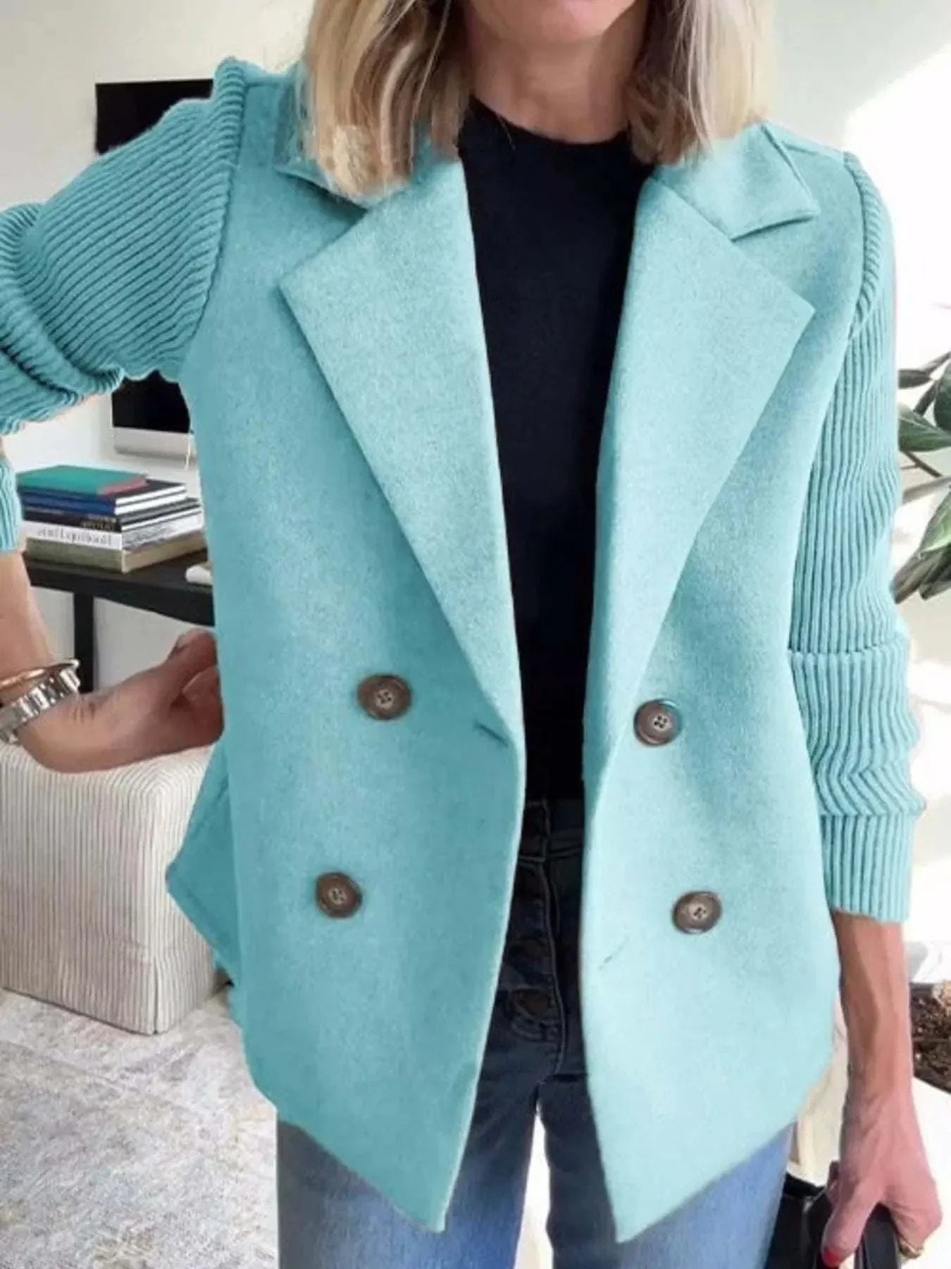Full size knit sleeve double-breasted teal outerwear plus size with ribbed buttoned design