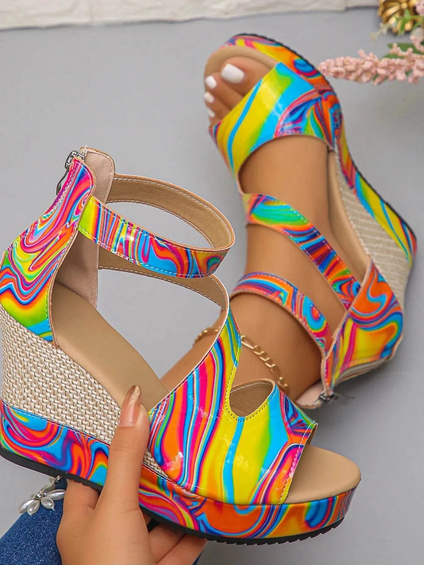 Rainbow Swirl Wedge Sandals - Stylish Platform Sandals - Redemption By Ashley North