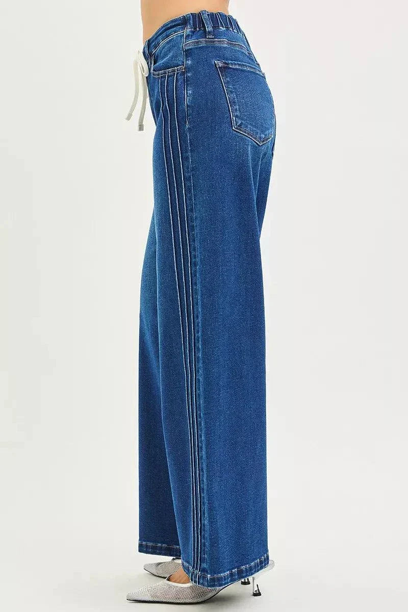 Full size mid rise wide side pintuck blue jeans with front drawstring and pockets for plus size women