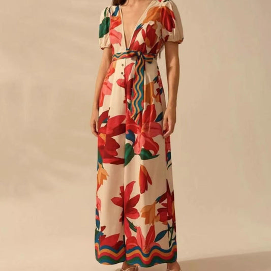 Women's Wide-leg Jumpsuit with Deep V-neck and Printed Fashion Design - Redemption By Ashley North