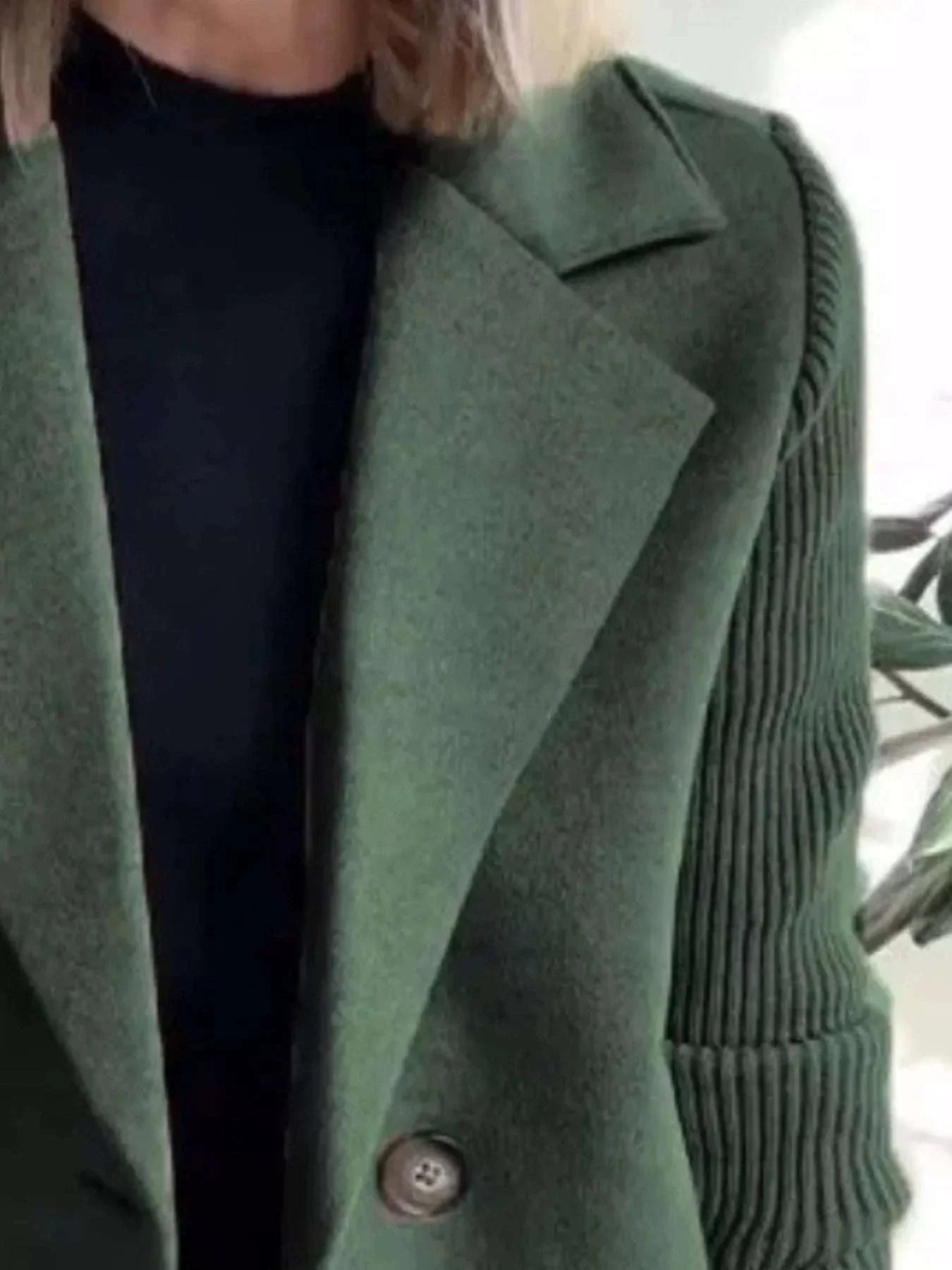 Full Size Knit Sleeve double-breasted green outerwear with ribbed knit sleeves and button details for plus size