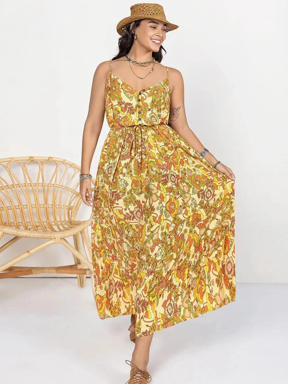 Plus Size Maxi Dress - Printed V-Neck Maxi Cami Dress - Redemption By Ashley North