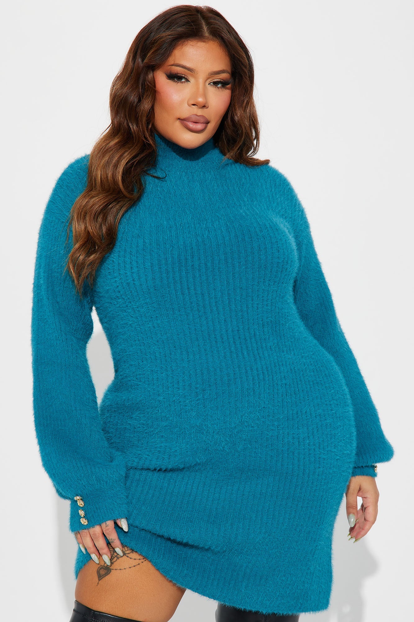 Kaylee Sweater Mini Dress - Teal.