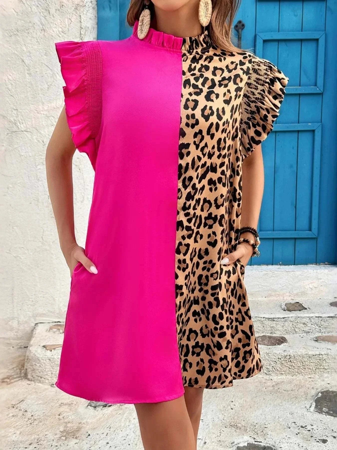 Leopard Color Block Dress with Ruffle Sleeves - Redemption By Ashley North