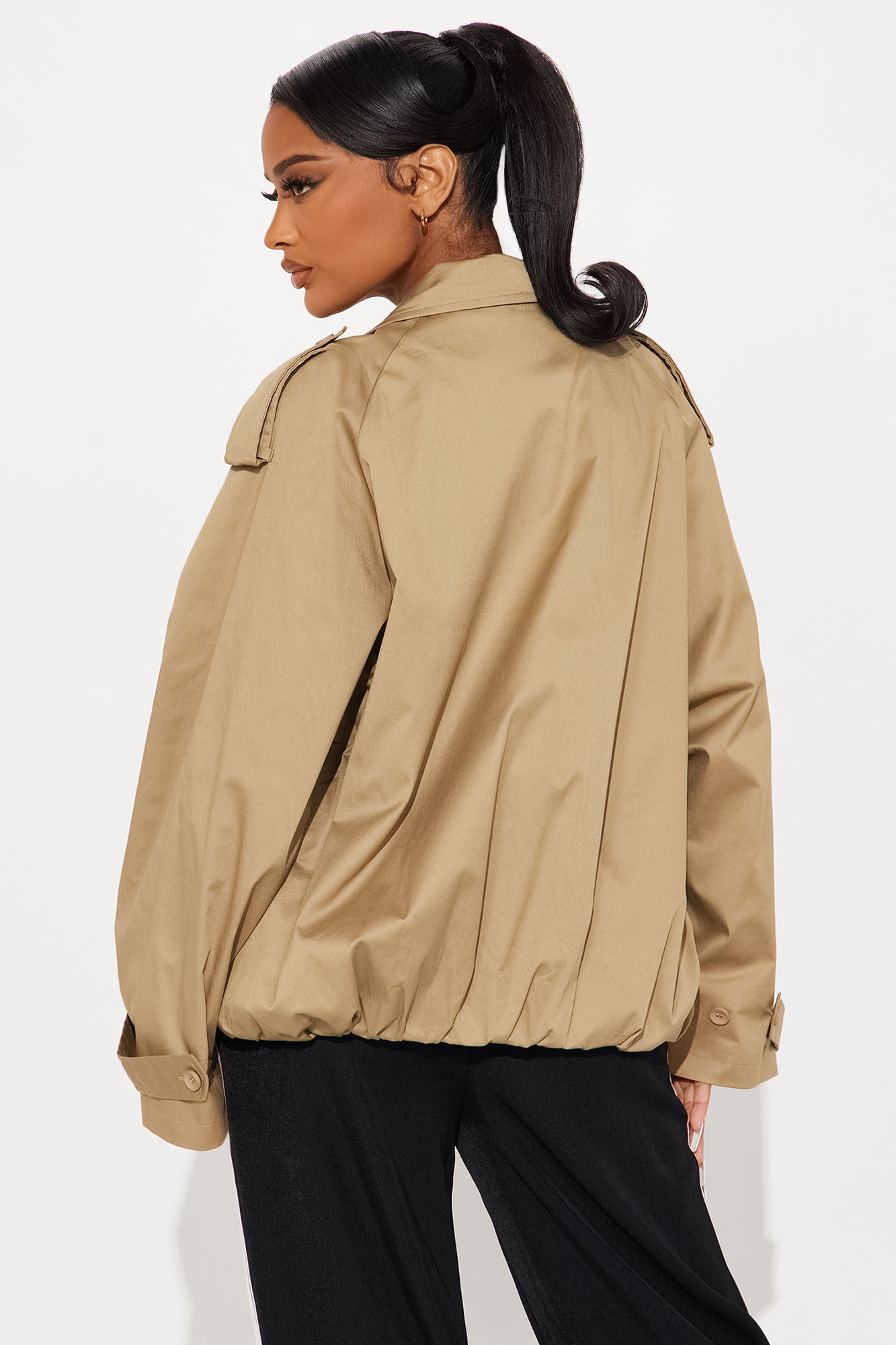 Marie Cropped Bubble Trench in taupe with stylish cropped bubble silhouette and functional pockets.