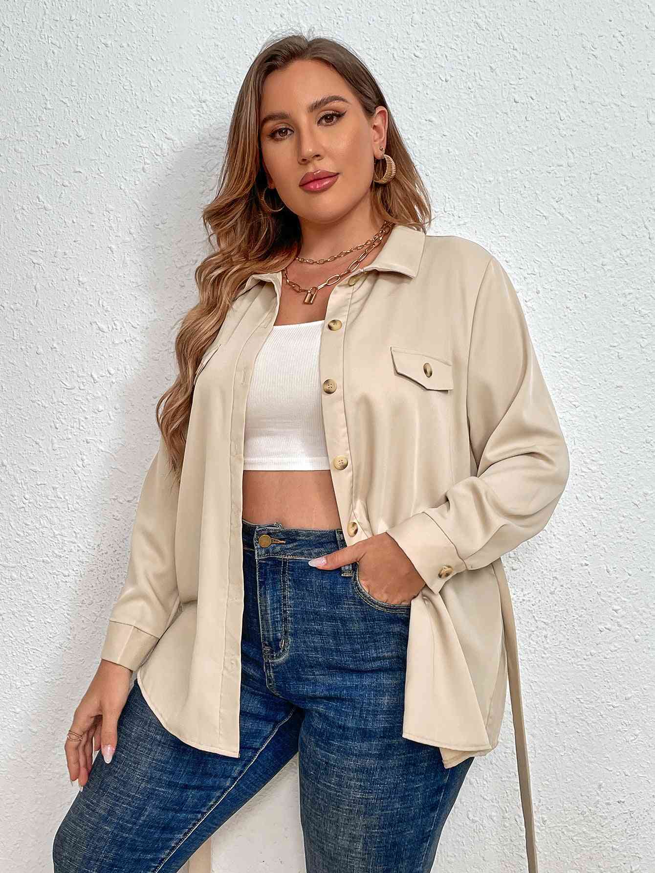 Melo Apparel Plus Size Tie Belt Shirt - Long Sleeve Women’s Fashion - Redemption By Ashley North