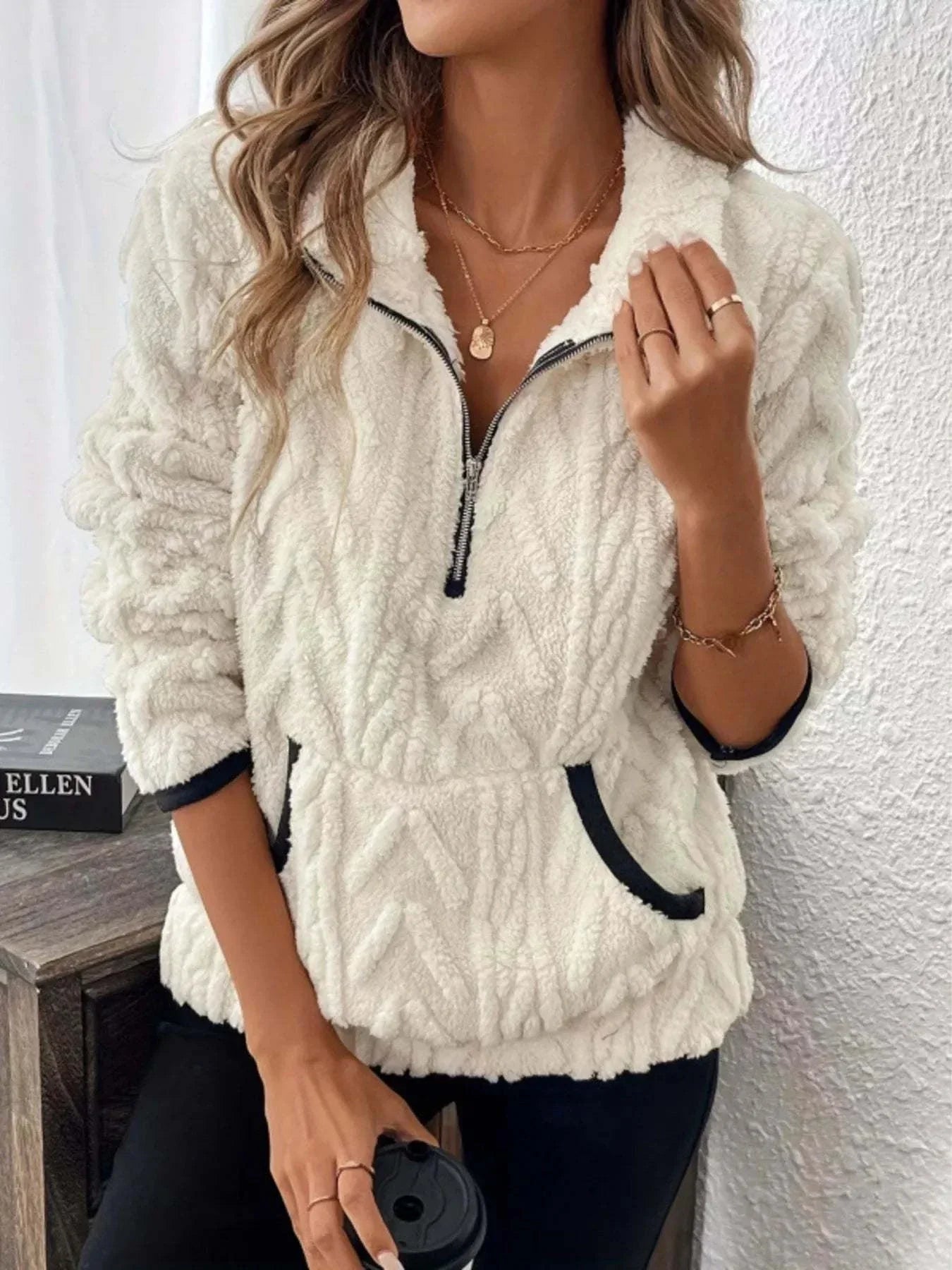 Plus size full size sherpa half zip sweatshirt with pockets in white polyester fleece