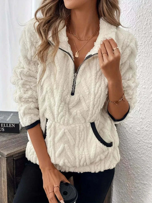 Plus size full size sherpa half zip sweatshirt with pockets in white polyester fleece