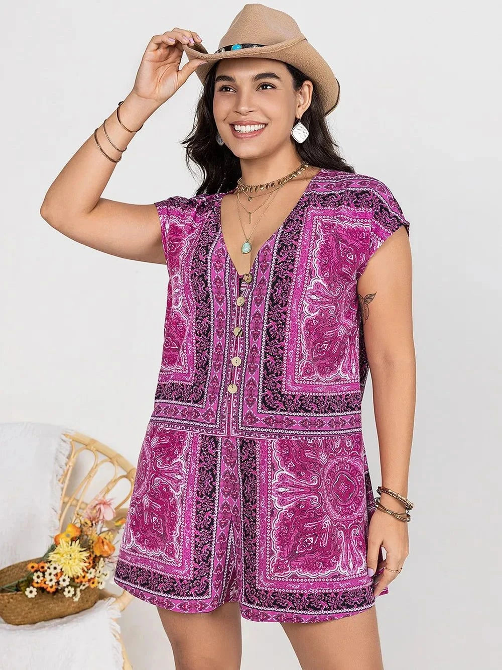 Plus Size V-Neck Romper with Cap Sleeves and Print Design - Redemption By Ashley North