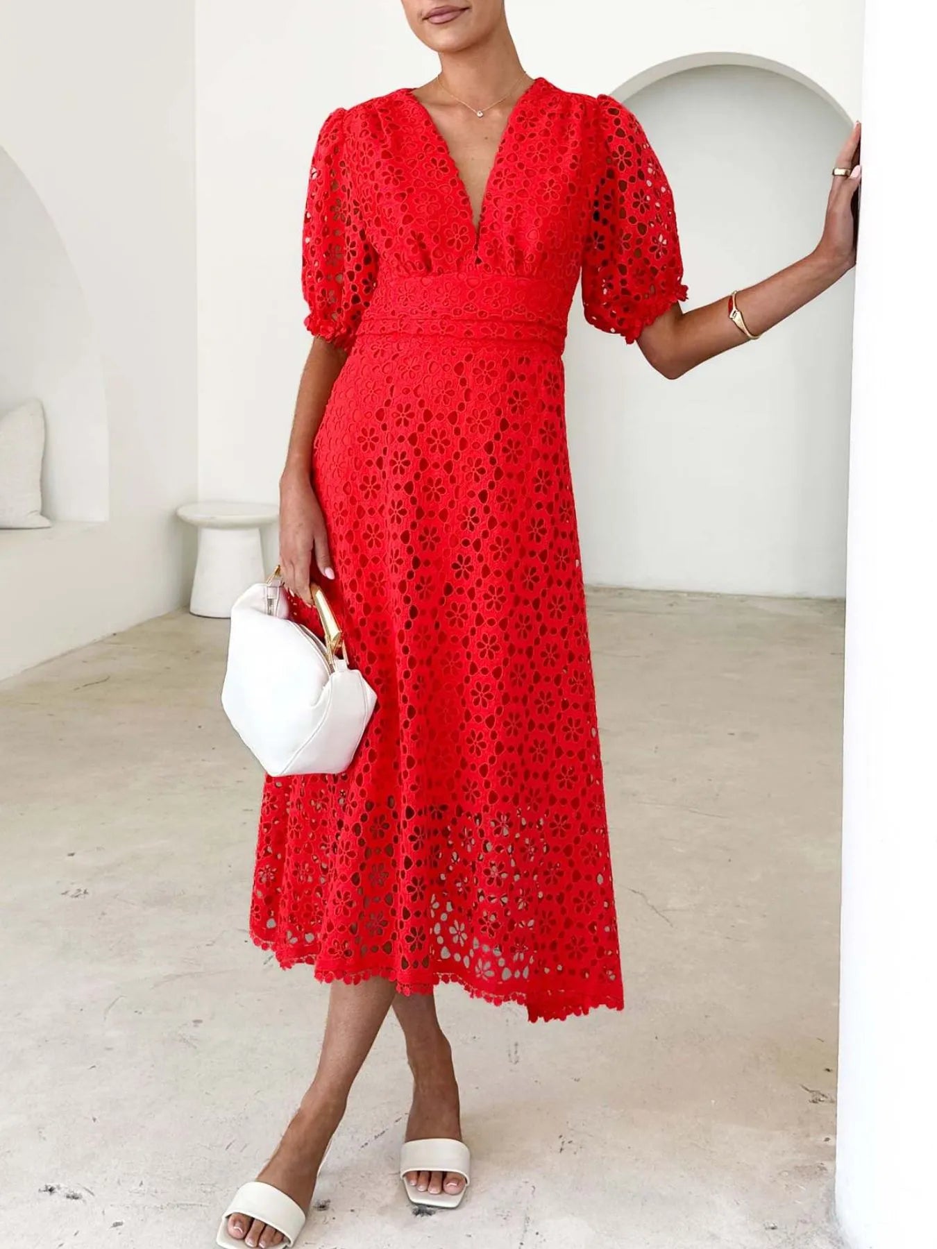 Eyelet Lace V-Neck Dress with Puff Sleeves - Elegant Midi Style.