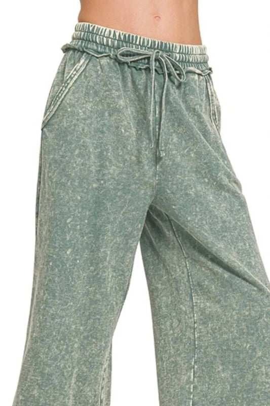 Zenana Washed French Terry Palazzo Pants with Pockets - Redemption By Ashley North
