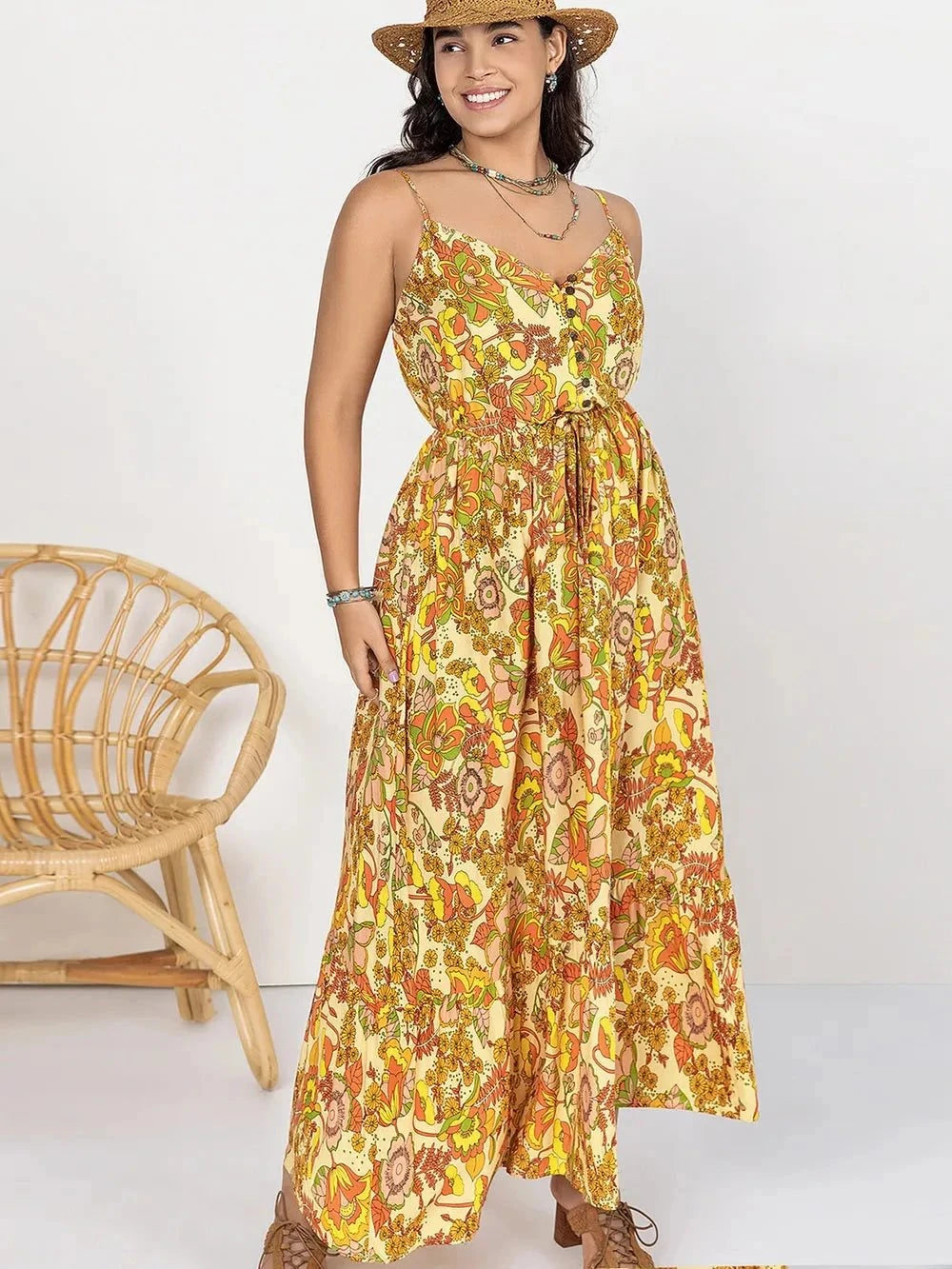 Plus Size Maxi Dress - Printed V-Neck Maxi Cami Dress - Redemption By Ashley North