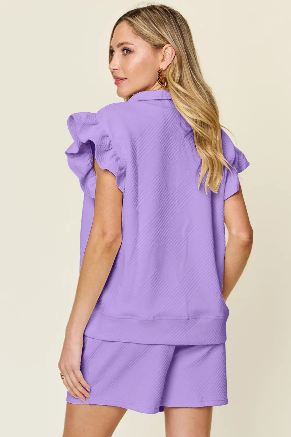 Double Take Full Size lavender two-piece set with textured flounce sleeve top and drawstring shorts