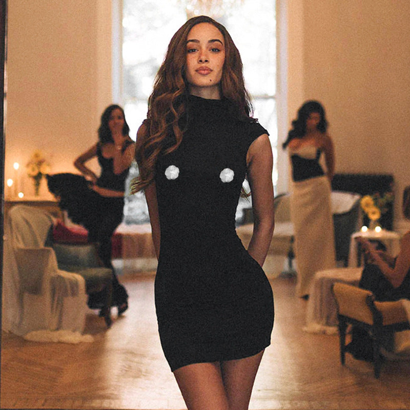 Flower Sleeveless Turtleneck Dress for Women - Solid Color Slim Fit - Redemption By Ashley North