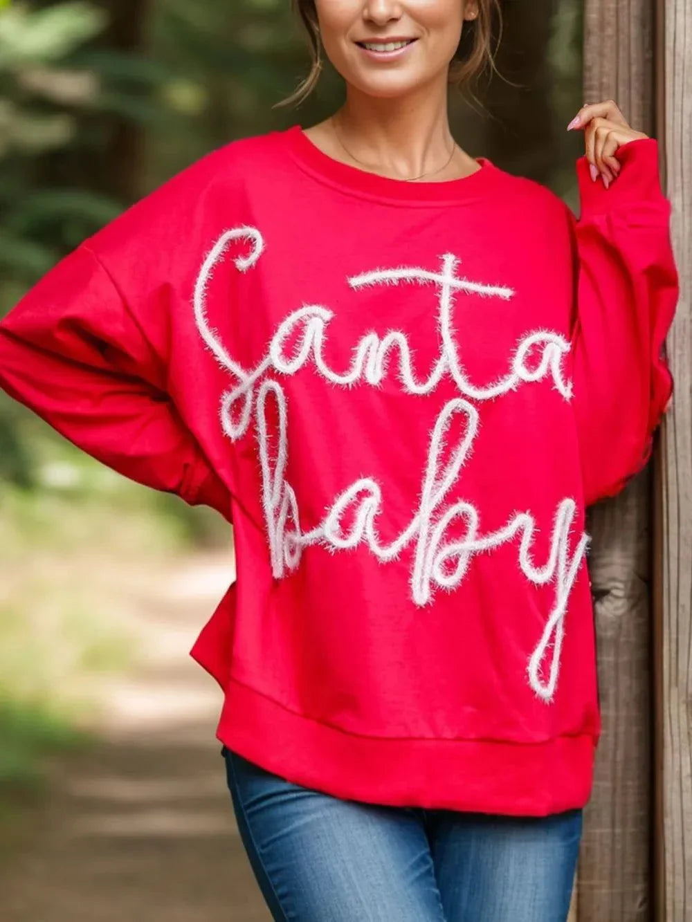Red Letter Round Neck Long Sleeve Sweatshirt with "Santa Baby" text design