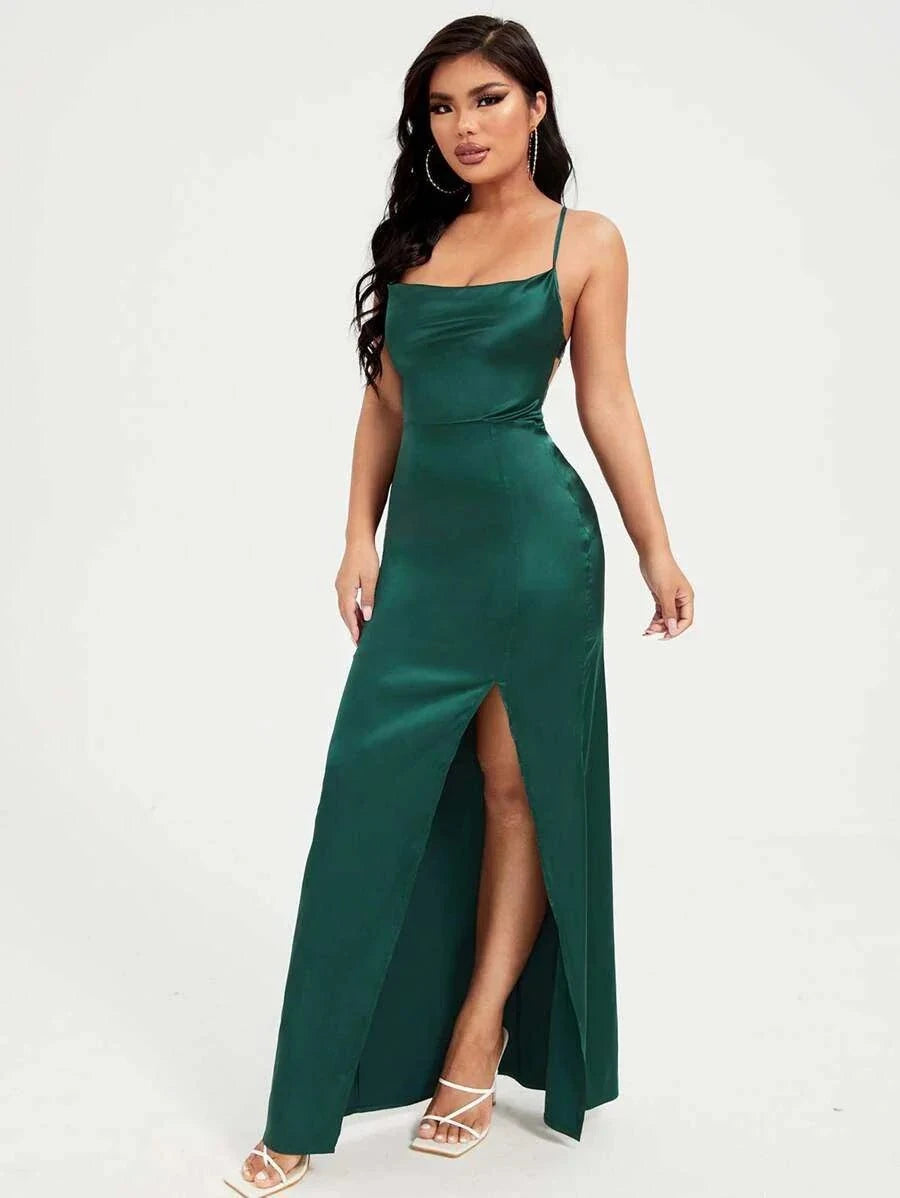 SXY Prom Dress;Split Thigh Lace Up Backless Satin Cami DressDetails:BacklessType:CamiDetails:Criss CrossDetails:DrapedWaist Line:High WaistLined For Added Warmth:NoPattern Type:PlainNeckline:Spaghetti StrapOccasion:WeddingHemRedemption By Ashley NorthSXY Prom Dress