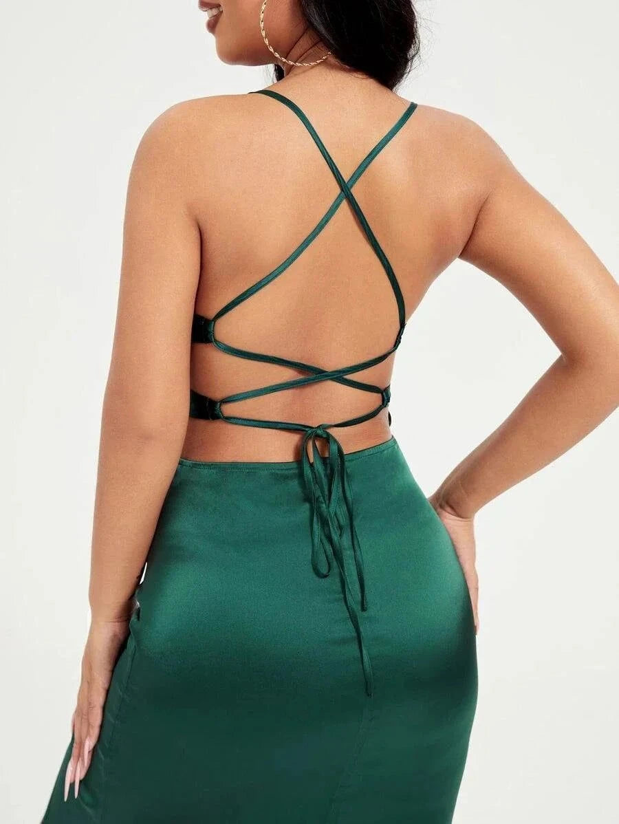 SXY Prom Dress;Split Thigh Lace Up Backless Satin Cami DressDetails:BacklessType:CamiDetails:Criss CrossDetails:DrapedWaist Line:High WaistLined For Added Warmth:NoPattern Type:PlainNeckline:Spaghetti StrapOccasion:WeddingHemRedemption By Ashley NorthSXY Prom Dress