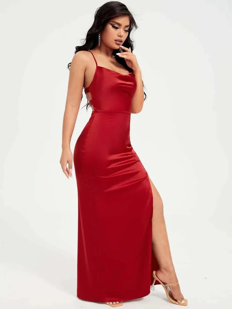 SXY Prom Dress;Split Thigh Lace Up Backless Satin Cami DressDetails:BacklessType:CamiDetails:Criss CrossDetails:DrapedWaist Line:High WaistLined For Added Warmth:NoPattern Type:PlainNeckline:Spaghetti StrapOccasion:WeddingHemRedemption By Ashley NorthSXY Prom Dress