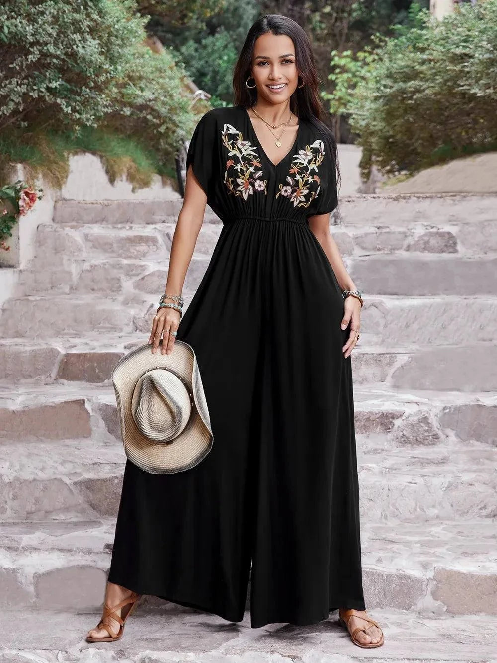 Embroidered Short Sleeve Jumpsuit with Ruched Details - Redemption By Ashley North