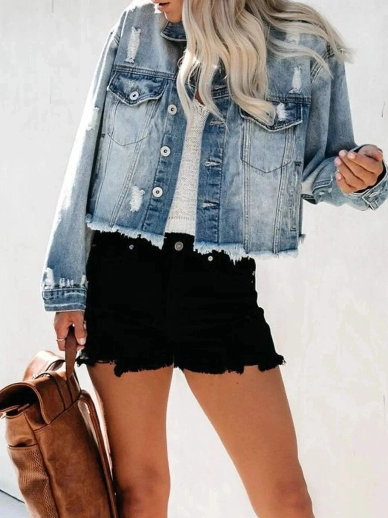 Distressed Denim Jacket with Raw Hem - Redemption By Ashley North