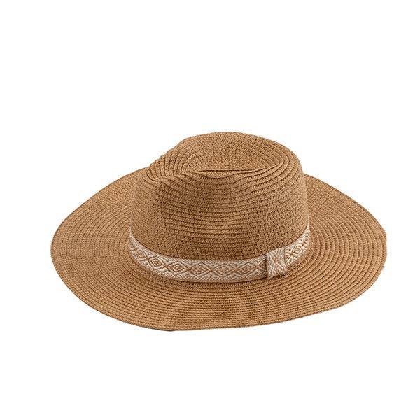 Boho straw hat with wide brim and decorative band for stylish summer look