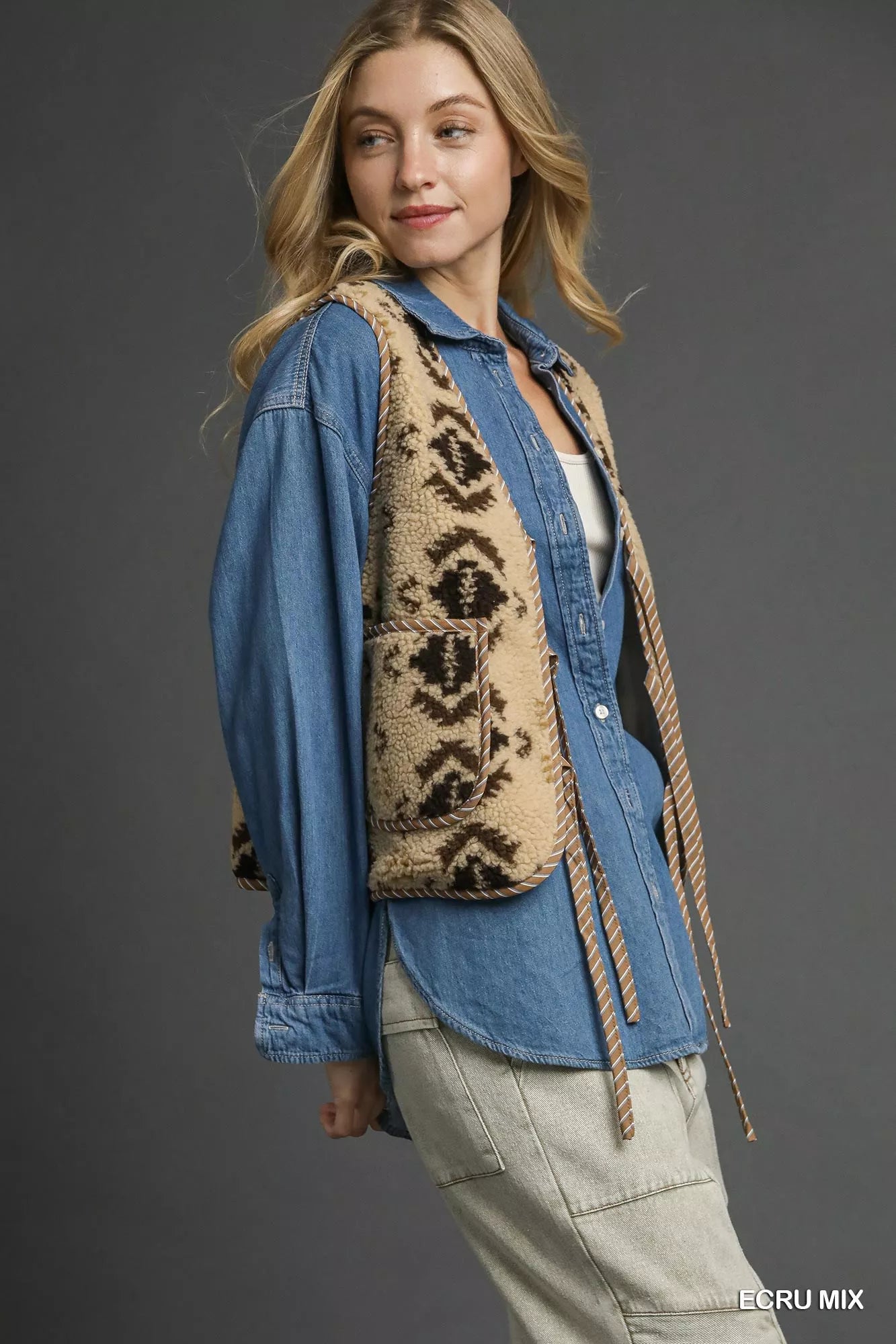 Umgee Mix Patterned Sherpa Tie-Front Vest.