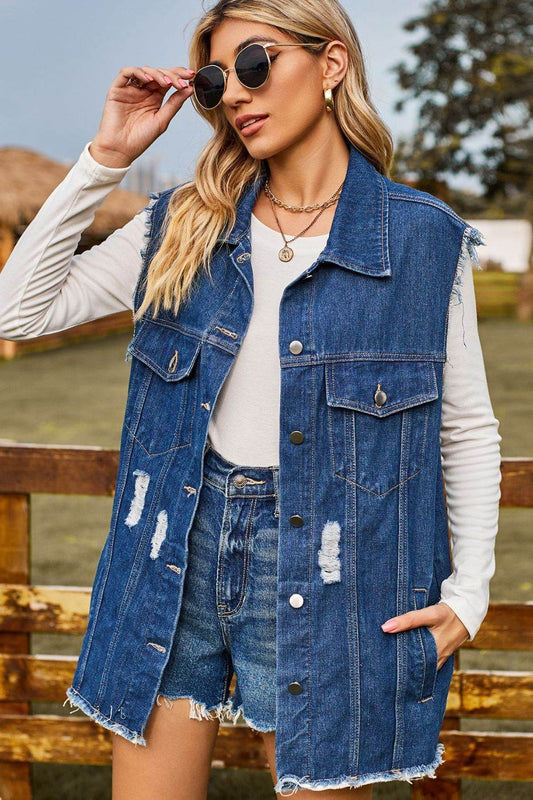 Sleeveless Denim Top - Button-Up Collared Design with Pockets - Redemption By Ashley North