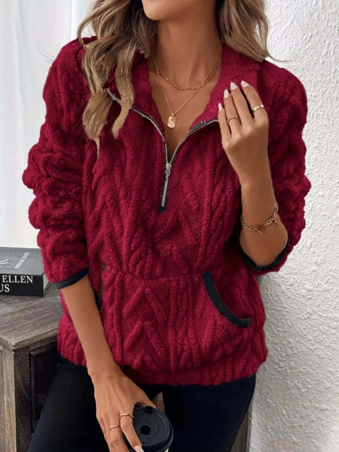 plus size full size sherpa half zip sweatshirt in deep red with pocketed front and textured design