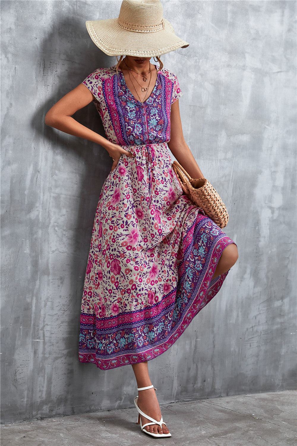 Bohemian Maxi Dress for Women: V-Neck Short Sleeve Printed Maxi Dress - Redemption By Ashley North