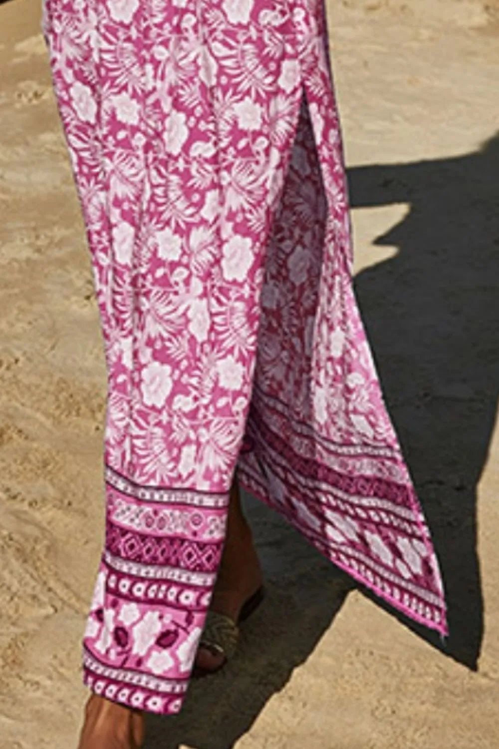 Printed half sleeve top and slit skirt set with floral pattern in pink and white