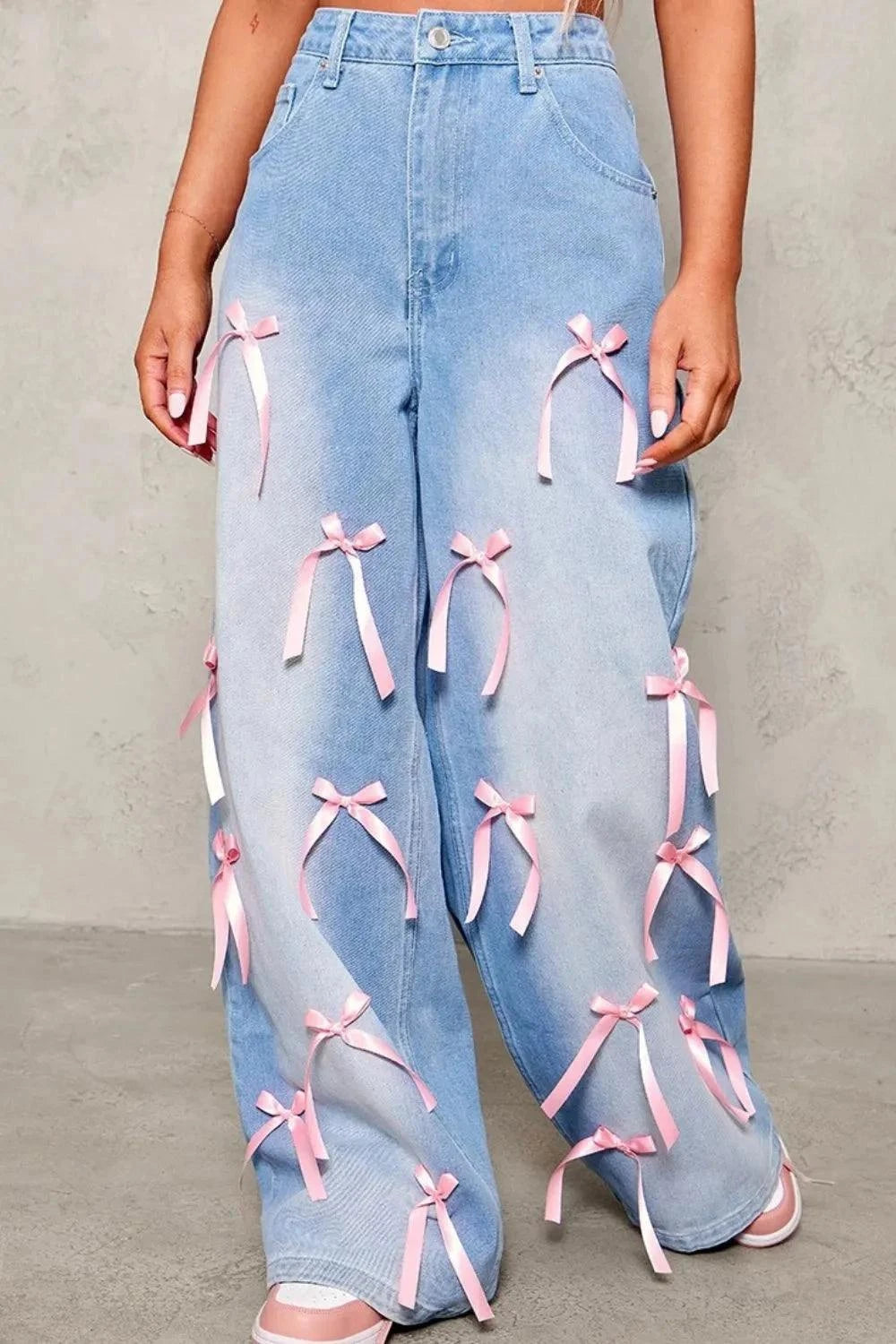 Bow Wide Leg Denim Jeans with Decorative Bow Detail - Redemption By Ashley North