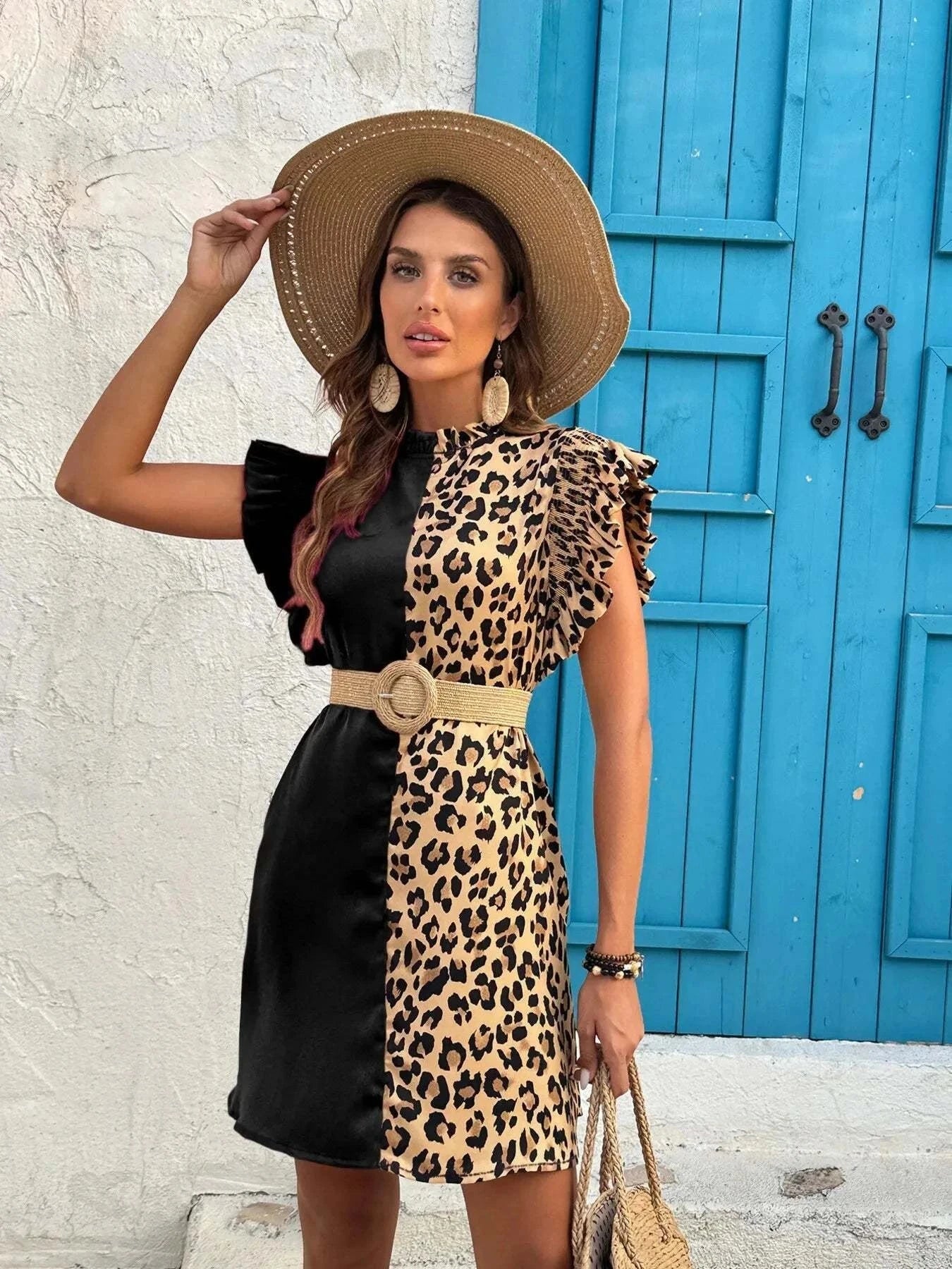 Leopard Color Block Dress with Ruffle Sleeves - Redemption By Ashley North