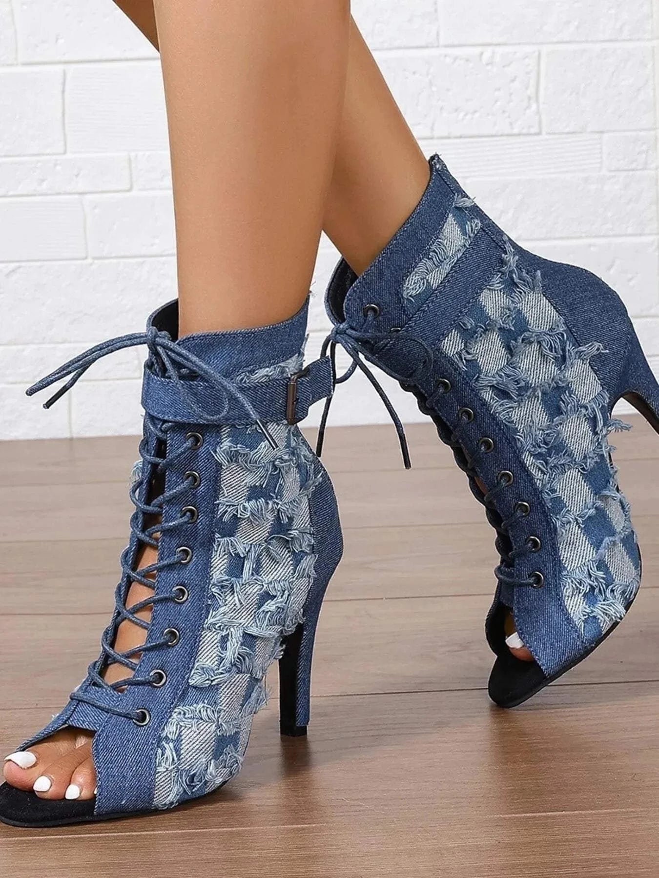 Distressed Denim Ankle Boots with Lace-Up Peep Toe - Redemption By Ashley North