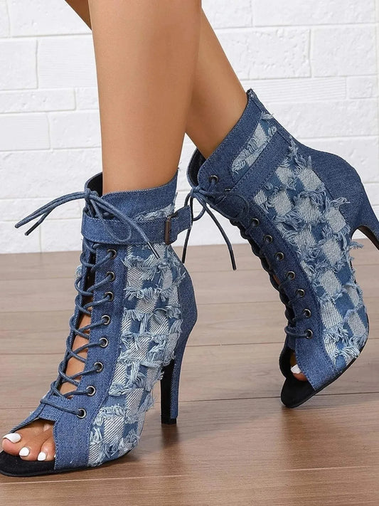Distressed Denim Ankle Boots with Lace-Up Peep Toe - Redemption By Ashley North