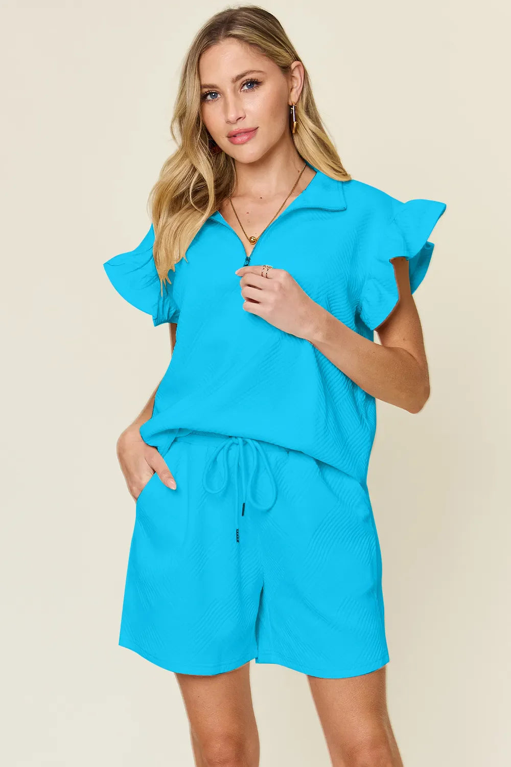 Double Take Full Size turquoise two-piece set with textured flounce sleeves and drawstring shorts