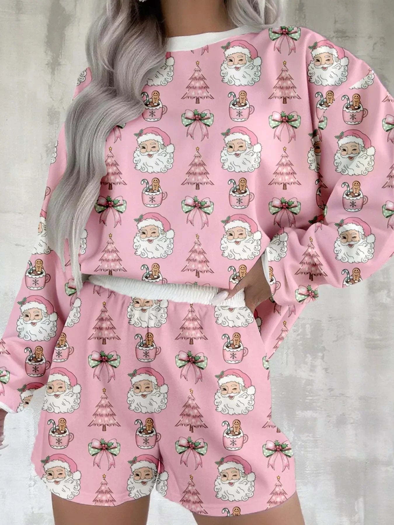 Christmas Santa Print pink lounge set with round neck top and shorts