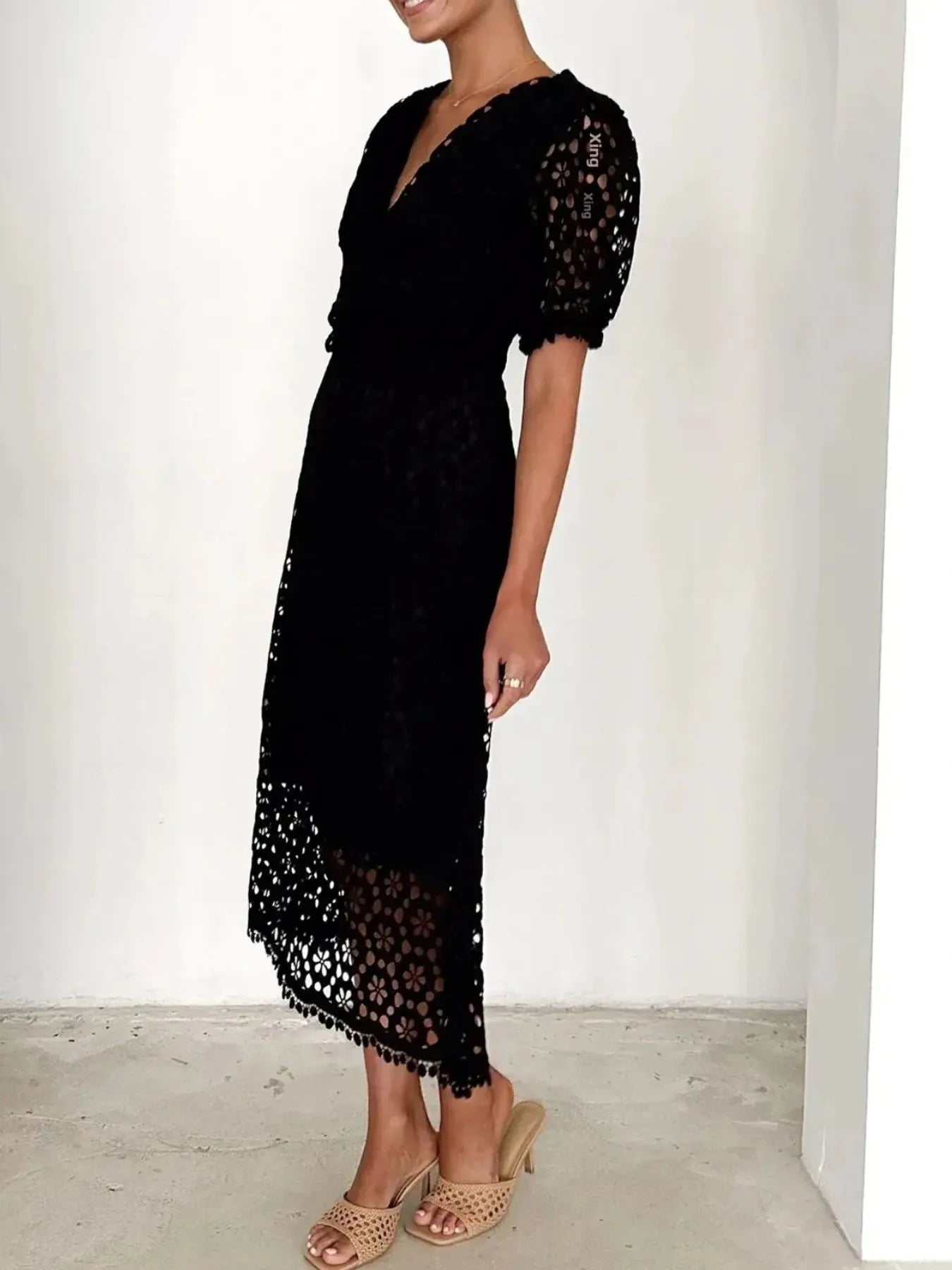 Eyelet Lace V-Neck Dress with Puff Sleeves - Elegant Midi Style.