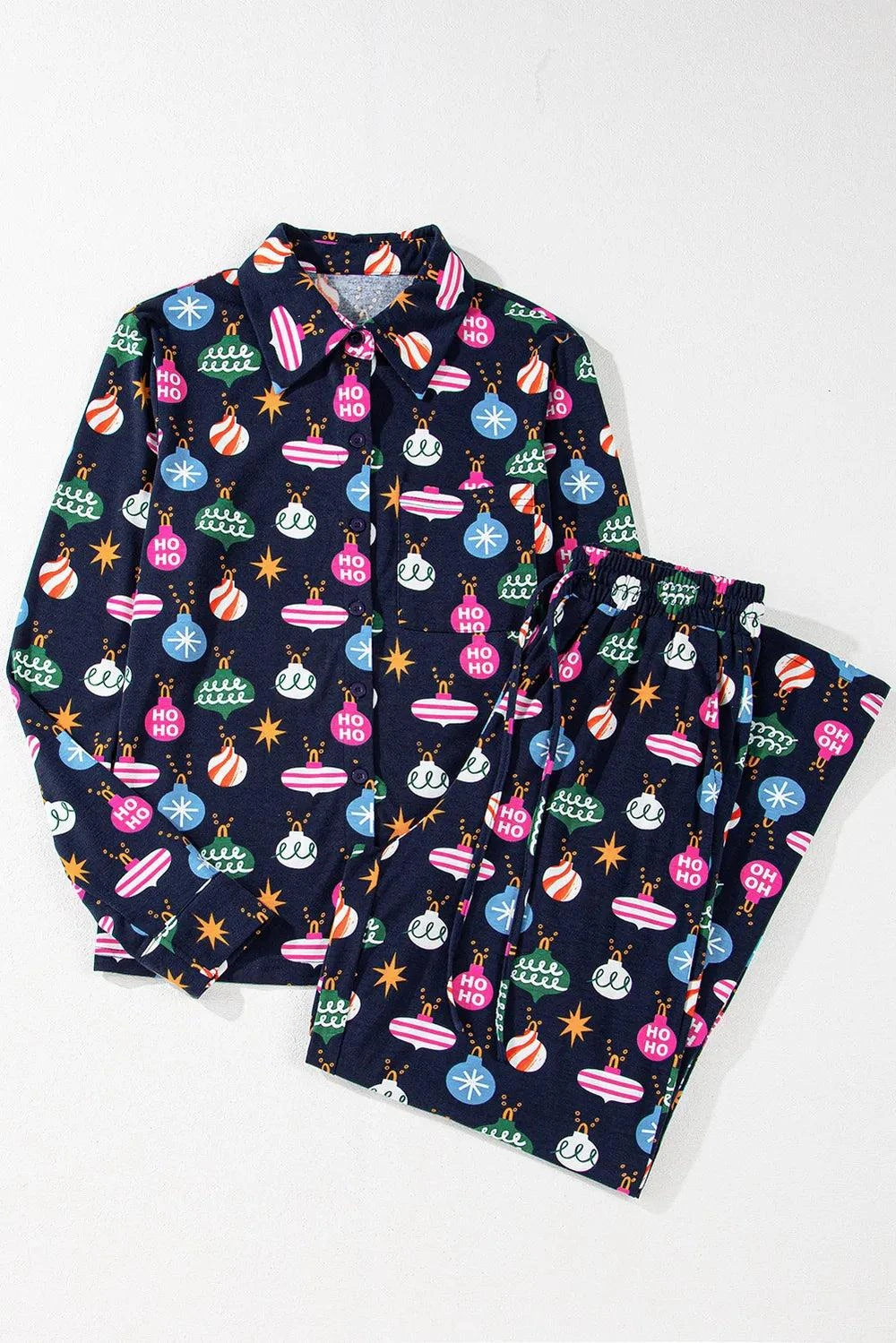 Christmas Lights Print Collared Neck Top and Pants SetFeatures: Basic style
Number of pieces: One-piece
Stretch: Slightly stretchy
Material composition: 95% polyester, 5% elastane
Care instructions: Machine wash cold. TRedemption By Ashley NorthChristmas Lights Print