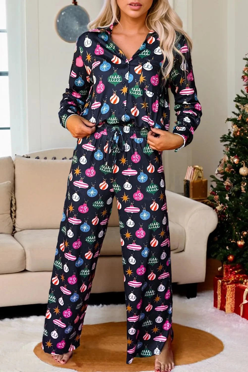 Christmas Lights Print Collared Neck Top and Pants SetFeatures: Basic style
Number of pieces: One-piece
Stretch: Slightly stretchy
Material composition: 95% polyester, 5% elastane
Care instructions: Machine wash cold. TRedemption By Ashley NorthChristmas Lights Print