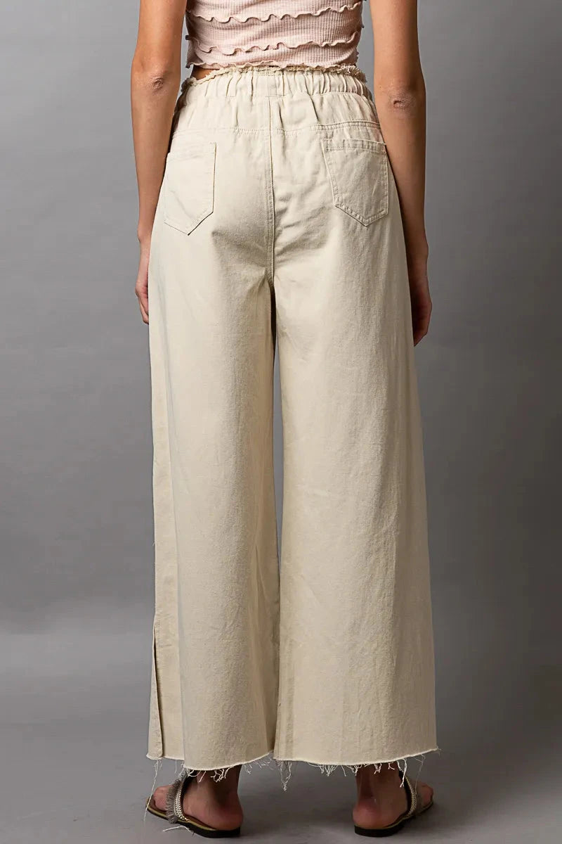 POL Distressed Drawstring Wide Leg Pants with Slit Detail - Redemption By Ashley North