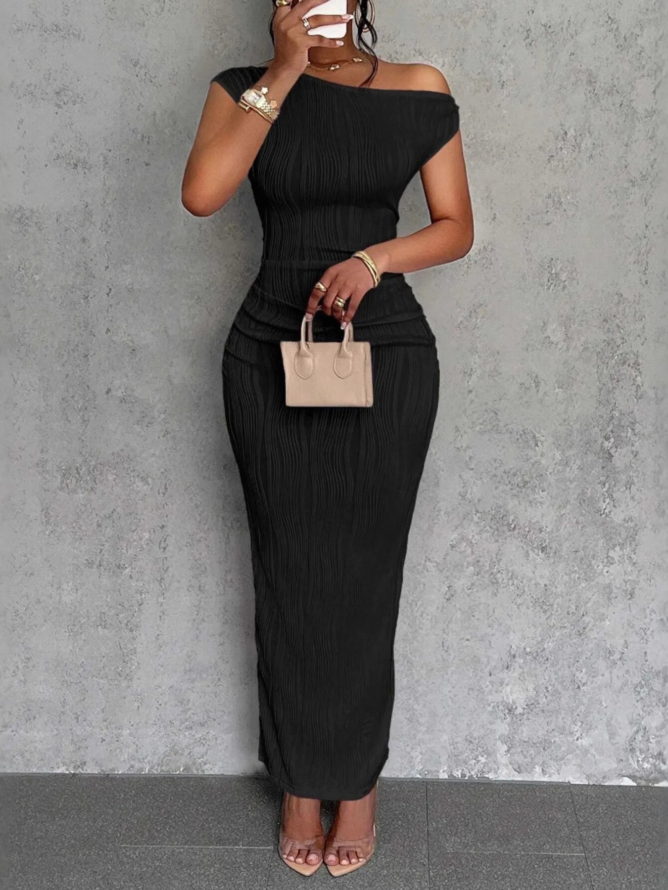 Textured Bodycon Maxi Dress with Single Shoulder Design - Redemption By Ashley North