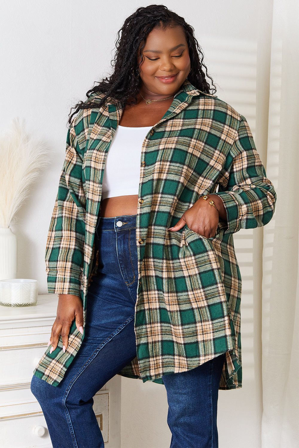 Mandy Plaid Collared Neck long sleeve shirt in green and beige plaid worn by plus size model with blue jeans