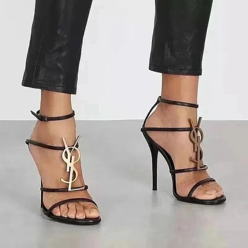 Black buckle open toe high heels sandals with YSL logo and ankle straps