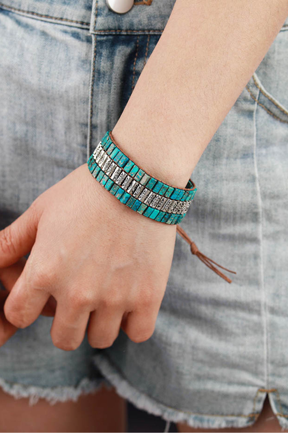 Handmade triple layer natural stone bracelet with turquoise and alloy beads on wrist