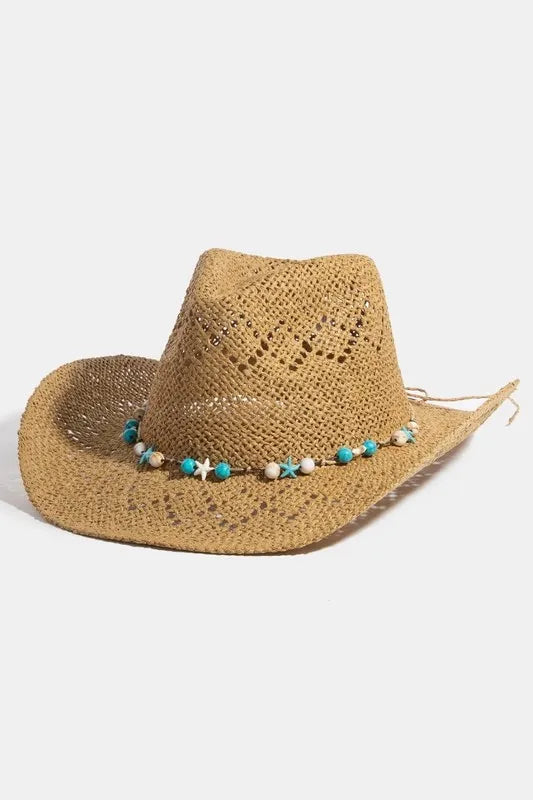 Fame Turquoise and Shell Star Beads Strap Western Straw Hat.