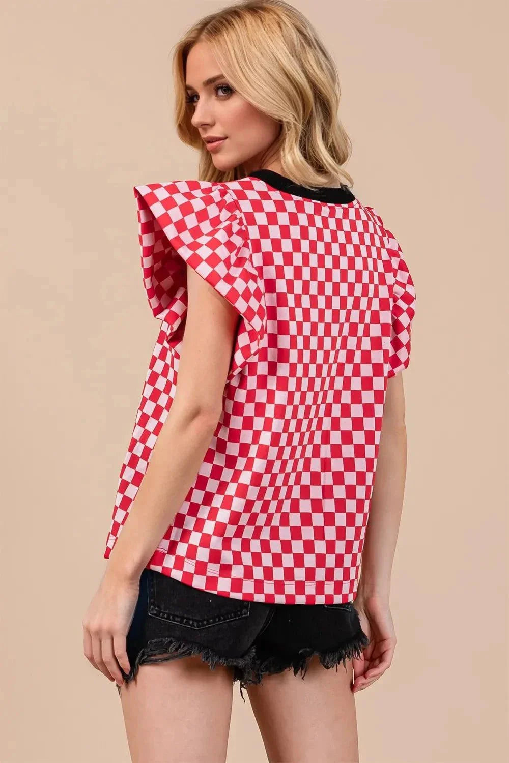 Oh Checkered Puff Sleeve Blouse with Round Neck - Redemption By Ashley North